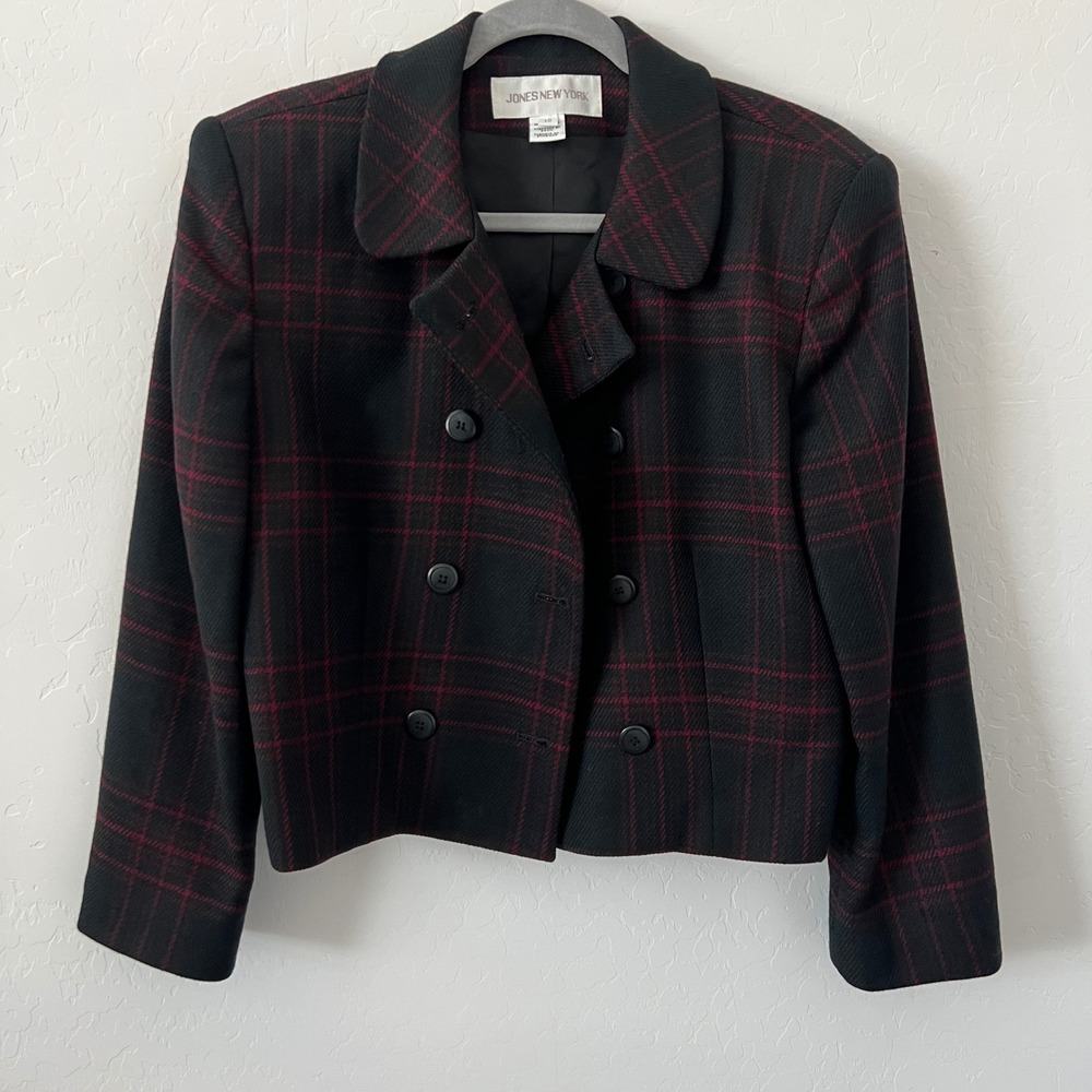 Jones New York Jacket Women Black Red Plaid Double Breasted Wool Cropped vintage